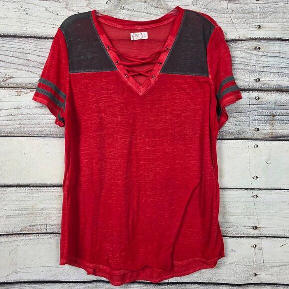 Maurices 24/7 XL Red Lace Up Burnout Short Sleeve Tee - Picture 1 of 5
